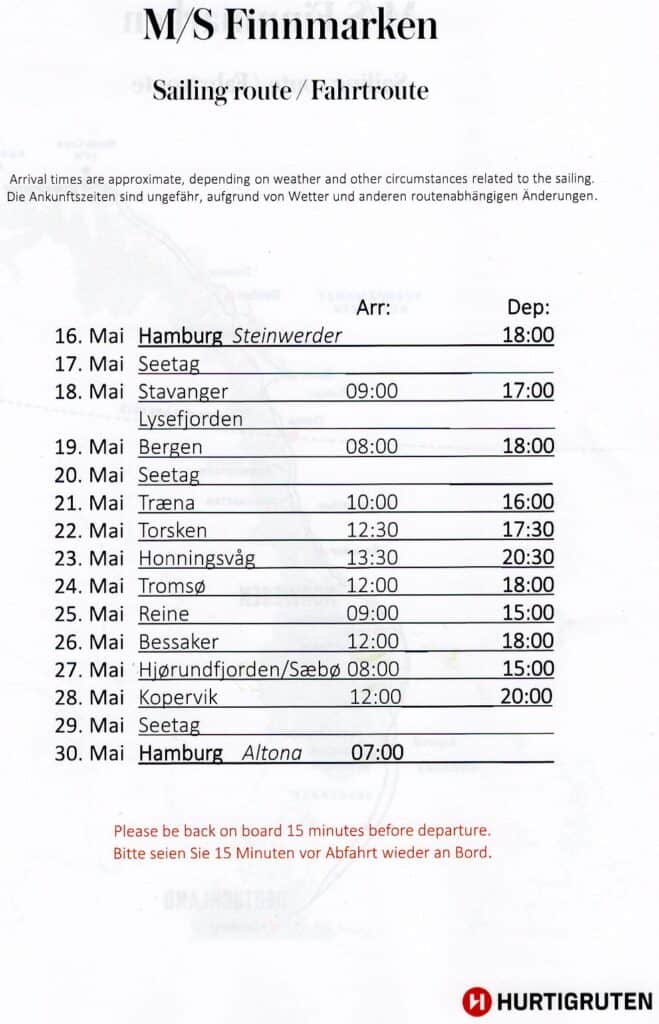 Fahrplan MS Finnmarken Hurtigruten Sommer 2025