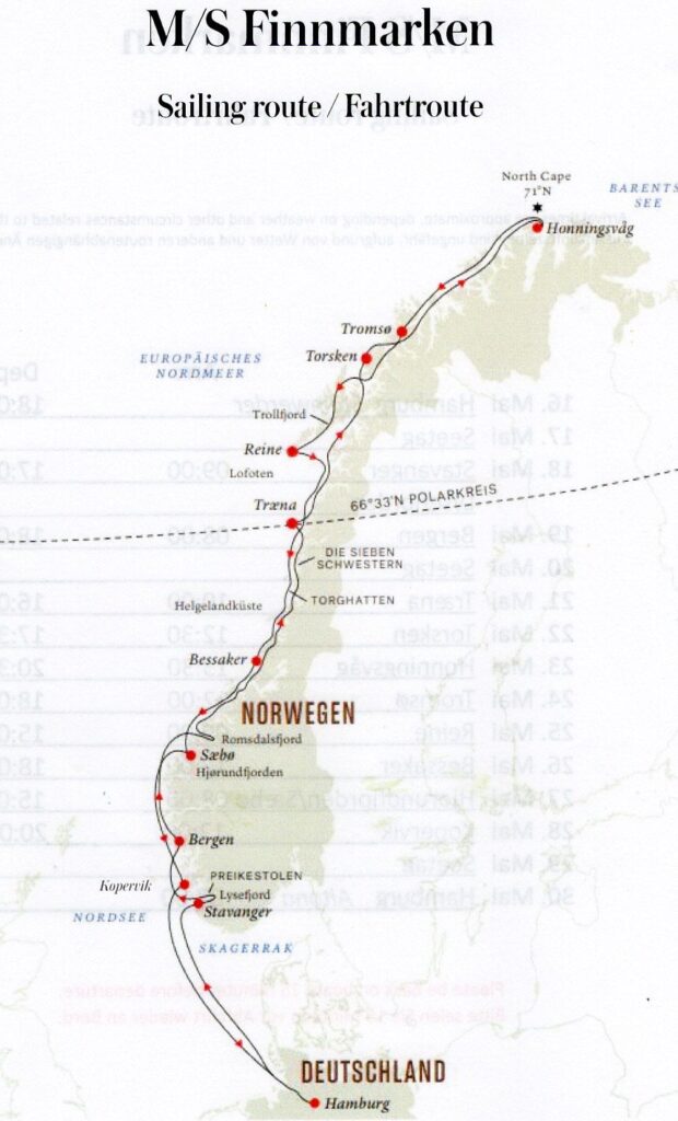 Landkarte Route MS Finnmarken Sommer 2025